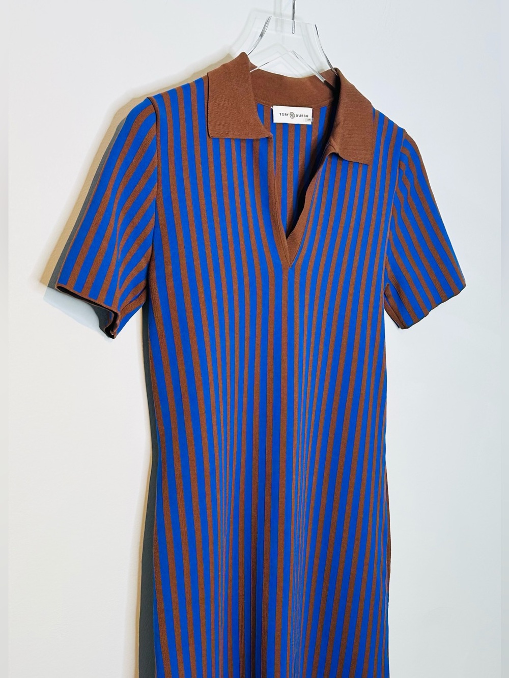 Tory Burch Chocolate Brown Soufflé Electric Blue Ink Striped Polo Midi Dress - Picture 6 of 15